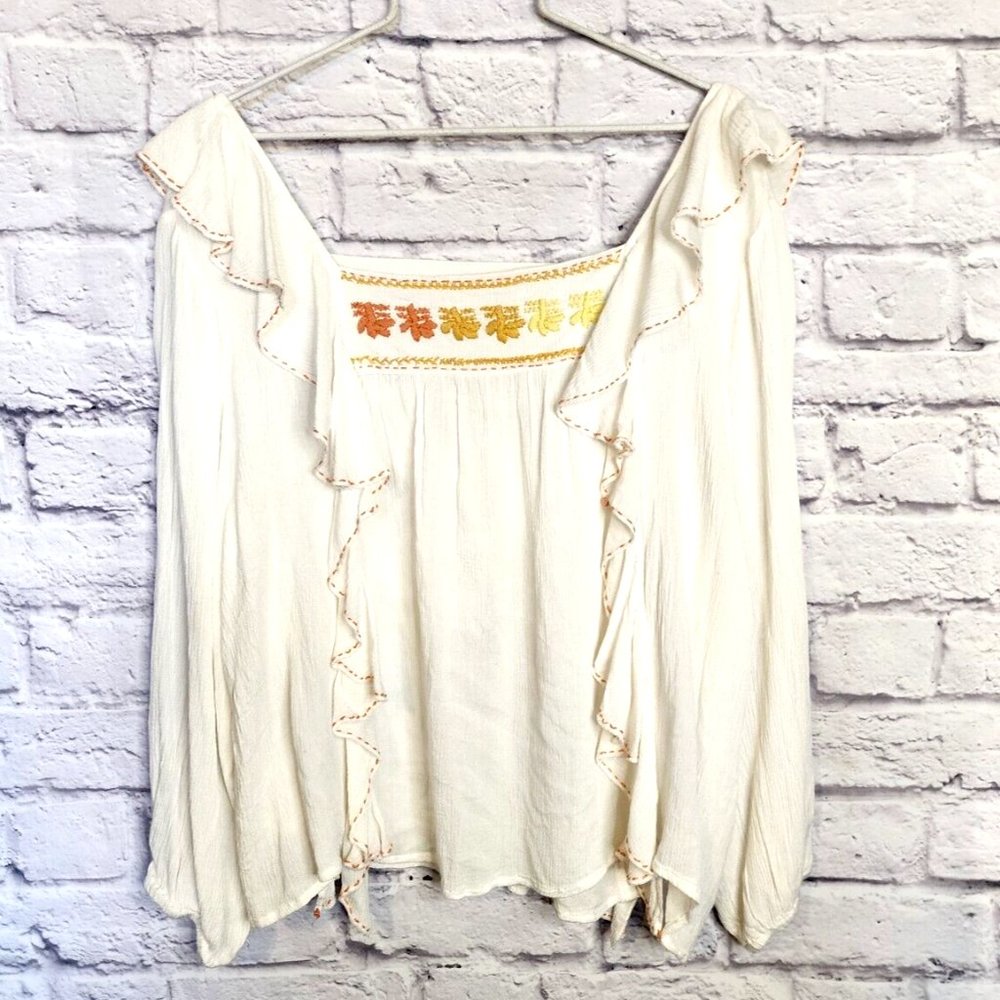 ROCKS & INDIGO Ivory Embroidered Square Neck Boho Bohemian Peasant TOP Sz.XL